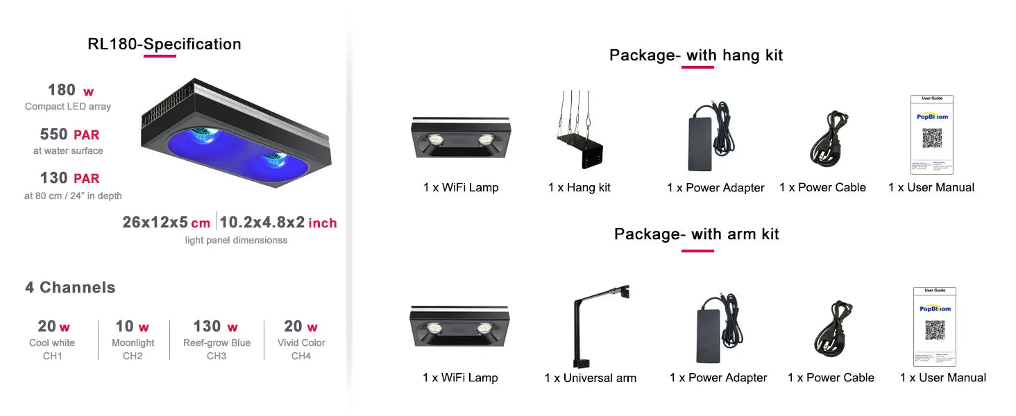 PopBloom RL180 WiFi LED Aquarium Light 180W for Sps Lps Corals Saltwater Reef Tank