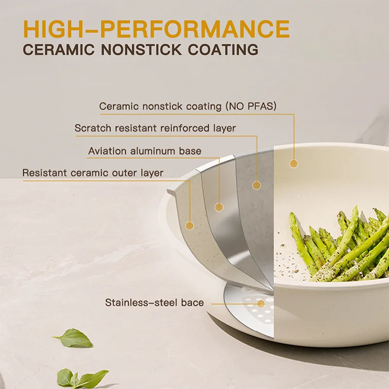 Astercook 21 Piece Ceramic Nonstick Cookware Set With Sensor Handles Milky White