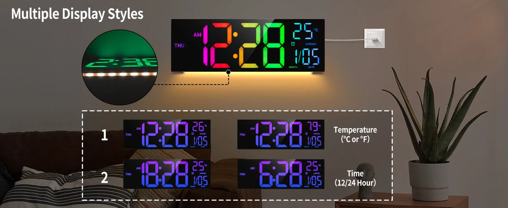 LumaTime 16 Inch Digital Wall Clock With Large Led Display Remote Control 8 Rgb Color Options Alarm Temperature