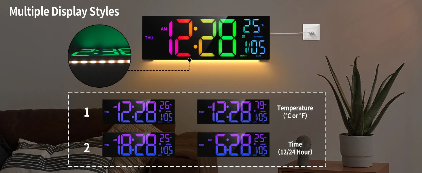 LumaTime 16 Inch Digital Wall Clock With Large Led Display Remote Control 8 Rgb Color Options Alarm Temperature
