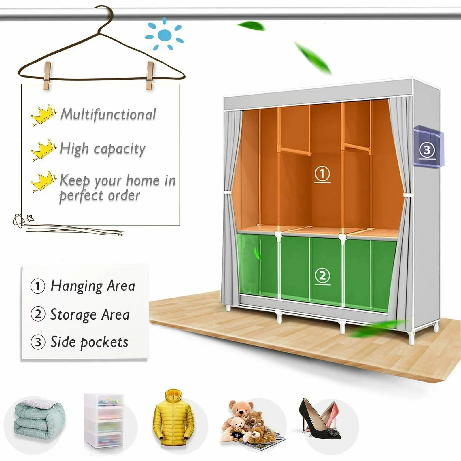 HomeEase Closet Wardrobe Organizer Storage Rack Nonwoven Fabric Dustproof Portable Clothes Shelf Easy Assembly