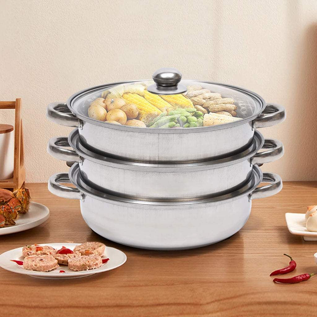 28cm 3 Tier Stainless Steel Steam Cooker And Steamer Pot For Vegetables And Seafood