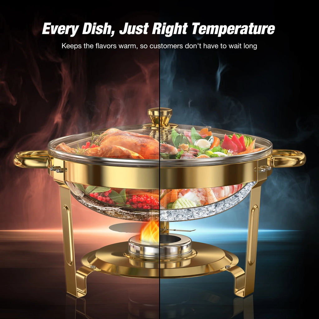 Gold Plated 5 Qt Round Stainless Steel Chafing Dish Set for Buffets and Parties, 2 or 4 Pack