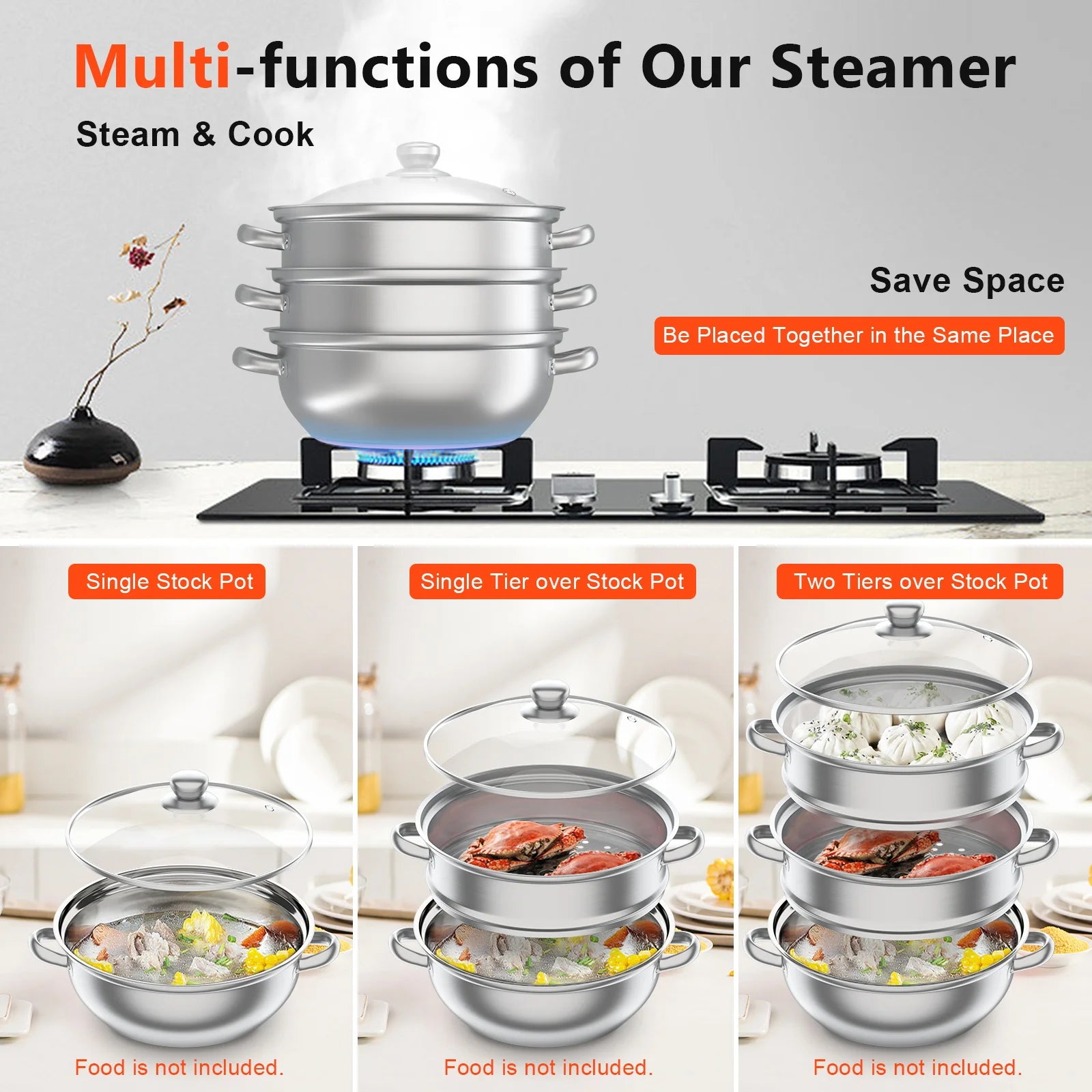 28cm 3 Tier Stainless Steel Steam Cooker And Steamer Pot For Vegetables And Seafood