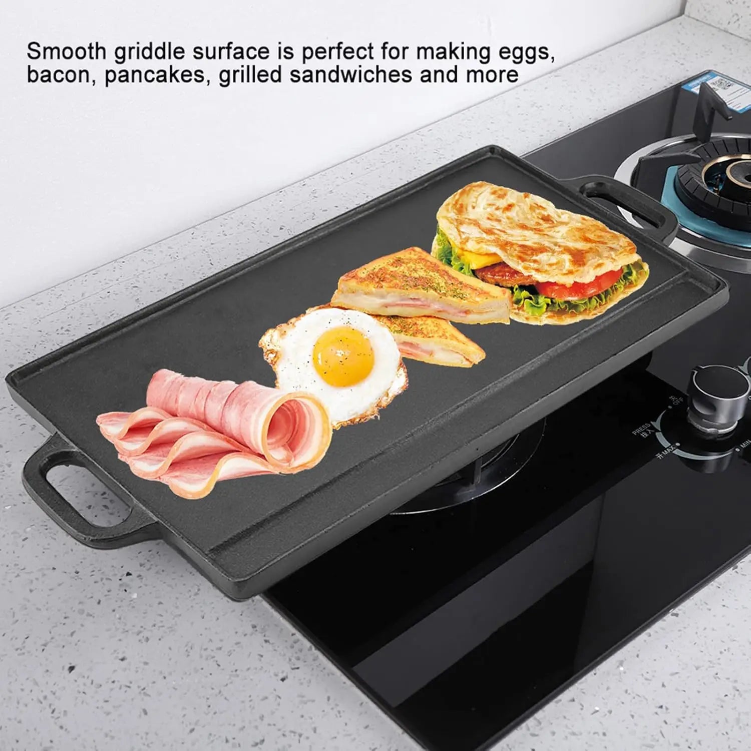Double-Sided Cast Iron Griddle Pan With Ridged Grill Surface And Flat Baking Plate For Stovetop Cooking