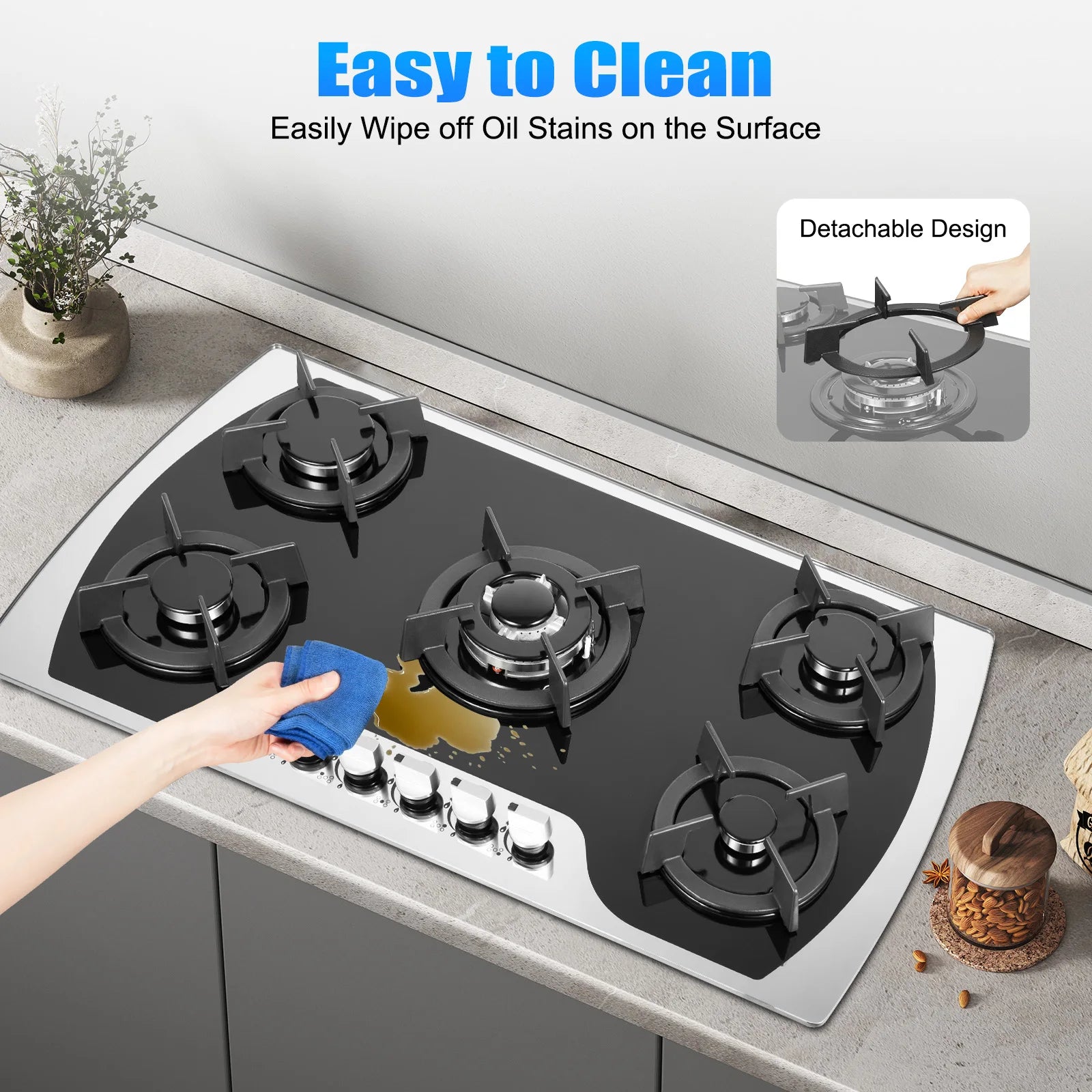 Five Burner Gas Cooktop With Wok Burner, Tempered Glass Surface, Electronic Ignition, Built In Or Countertop, Lpg Or Ng