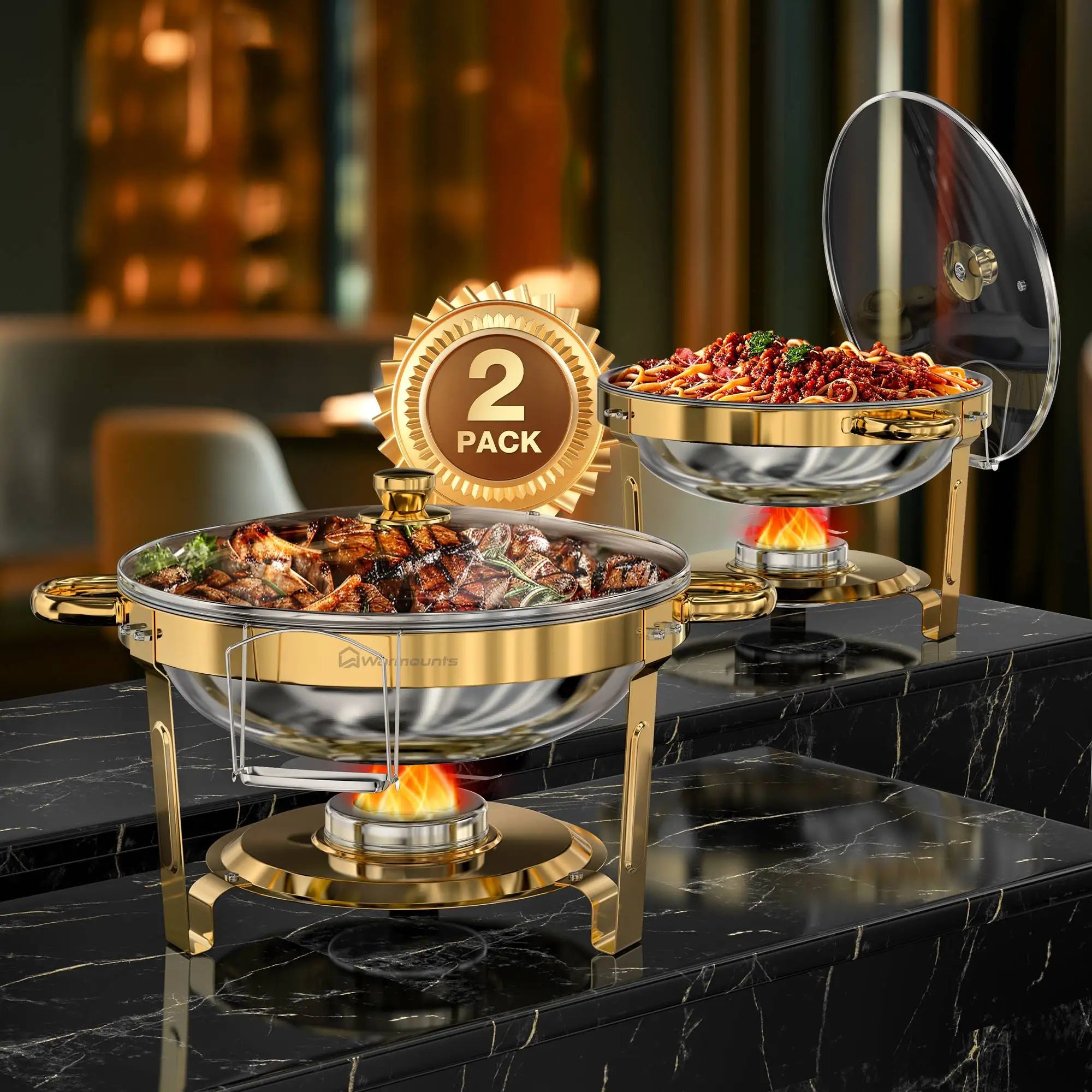 Gold Plated 5 Qt Round Stainless Steel Chafing Dish Set for Buffets and Parties, 2 or 4 Pack