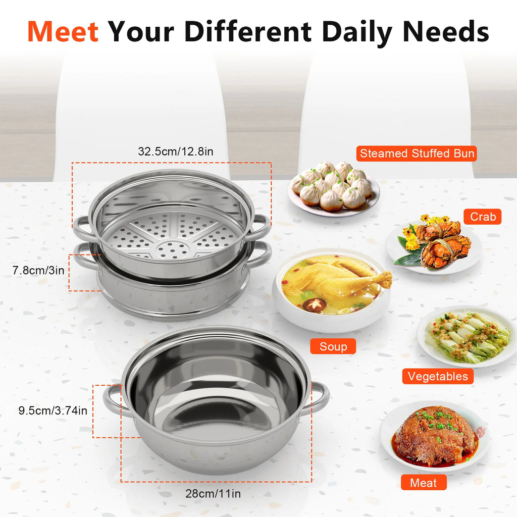 28cm 3 Tier Stainless Steel Steam Cooker And Steamer Pot For Vegetables And Seafood