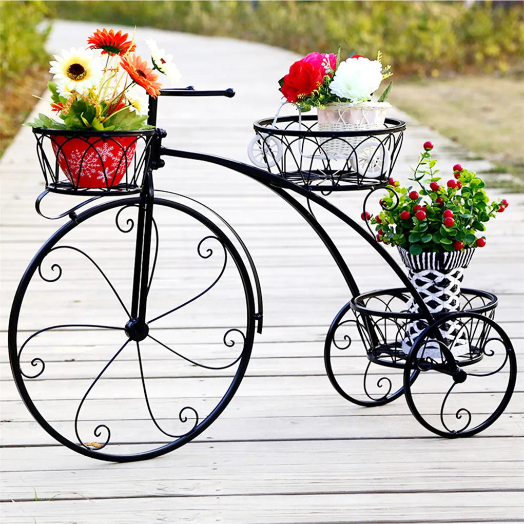 Three-Tier Bicycle Plant Stand in Wrought Iron Tricycle Planter for Indoor Outdoor Garden Decor