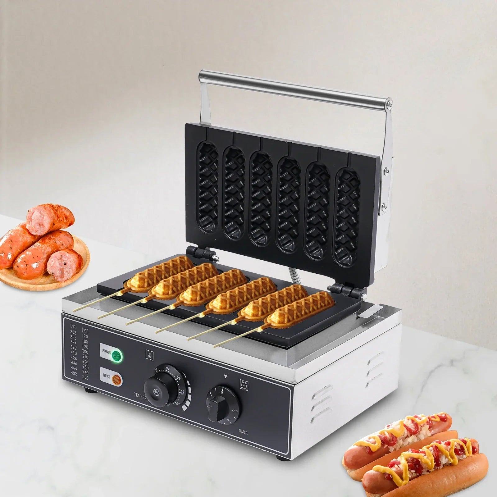 NovaLux 1500W Hot Dog Machine With 6 Molds Time And Temp Control Nonstick Plates Compatible With 110 220V
