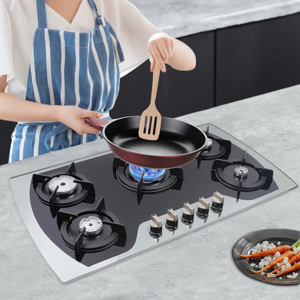 Five Burner Gas Cooktop With Wok Burner, Tempered Glass Surface, Electronic Ignition, Built In Or Countertop, Lpg Or Ng