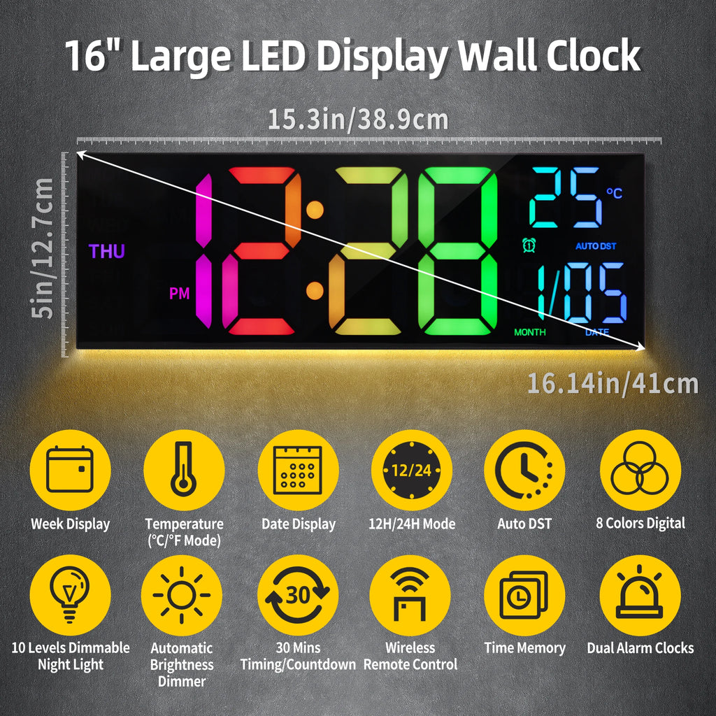 LumaTime 16 Inch Digital Wall Clock With Large Led Display Remote Control 8 Rgb Color Options Alarm Temperature