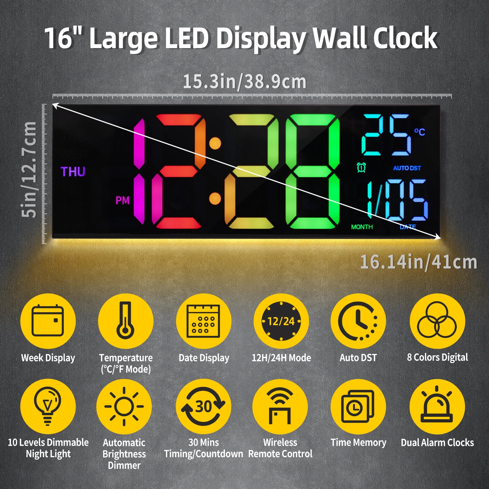 LumaTime 16 Inch Digital Wall Clock With Large Led Display Remote Control 8 Rgb Color Options Alarm Temperature