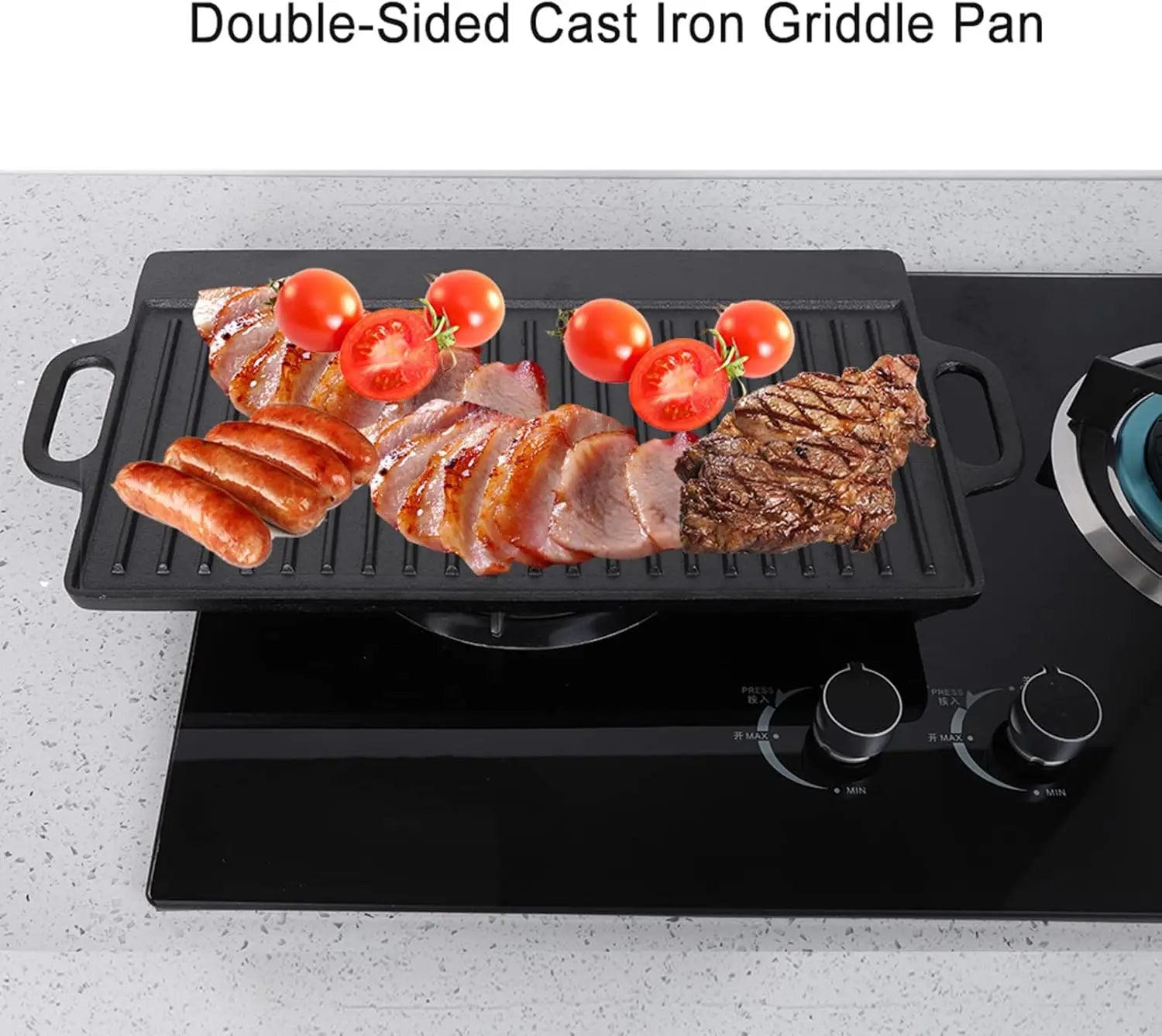 Double-Sided Cast Iron Griddle Pan With Ridged Grill Surface And Flat Baking Plate For Stovetop Cooking