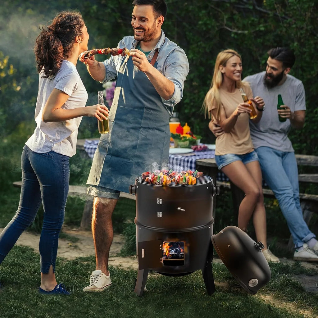 SummitFire 16 Inch Charcoal Barbecue Smoker Grill 3 In 1 Portable Vertical Cooker With Thermometers And Adjustable Vents