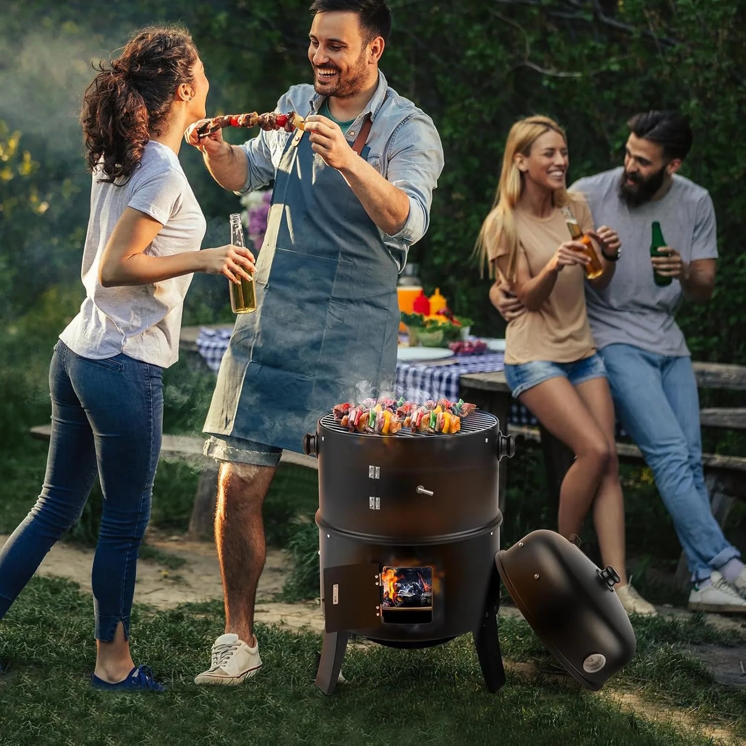 SummitFire 16 Inch Charcoal Barbecue Smoker Grill 3 In 1 Portable Vertical Cooker With Thermometers And Adjustable Vents