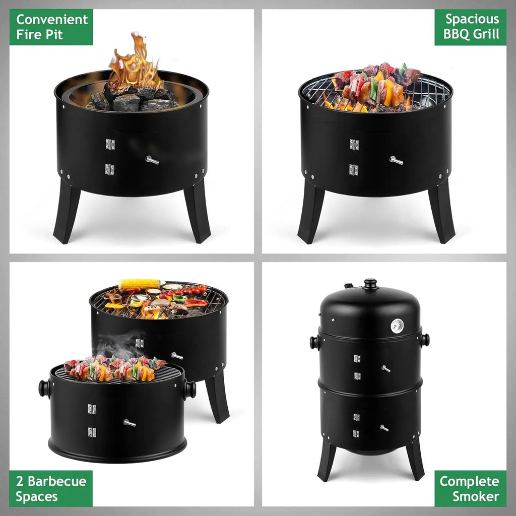 SummitFire 16 Inch Charcoal Barbecue Smoker Grill 3 In 1 Portable Vertical Cooker With Thermometers And Adjustable Vents