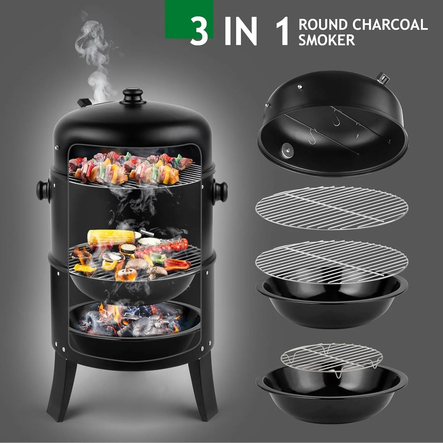 SummitFire 16 Inch Charcoal Barbecue Smoker Grill 3 In 1 Portable Vertical Cooker With Thermometers And Adjustable Vents