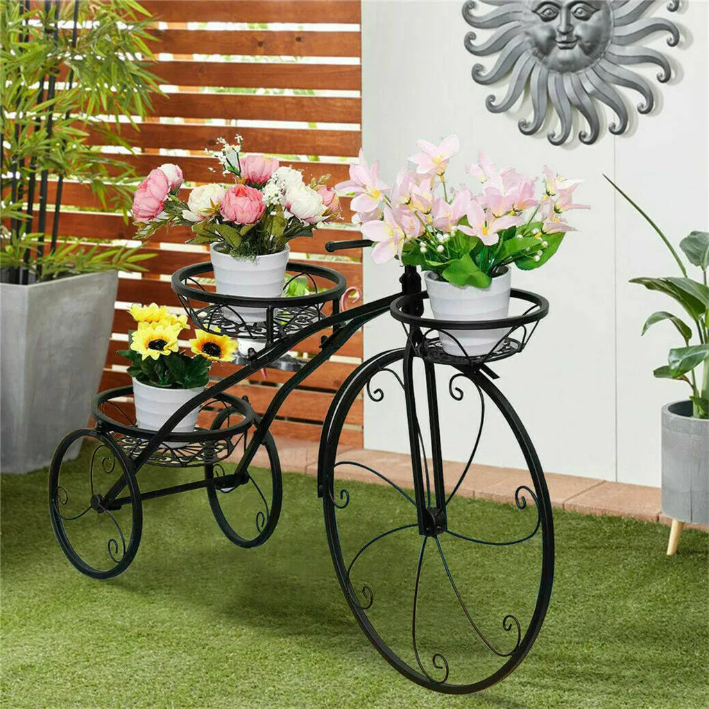 Three-Tier Bicycle Plant Stand in Wrought Iron Tricycle Planter for Indoor Outdoor Garden Decor