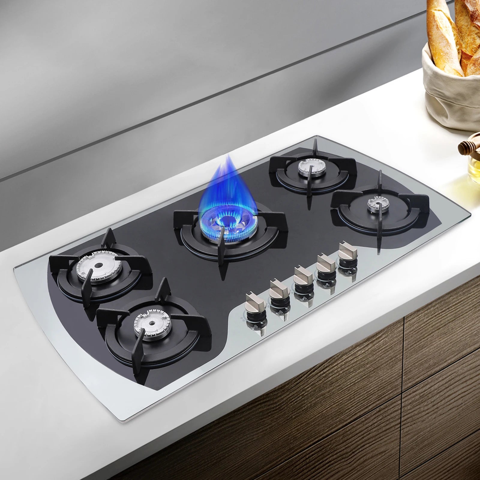Five Burner Gas Cooktop With Wok Burner, Tempered Glass Surface, Electronic Ignition, Built In Or Countertop, Lpg Or Ng