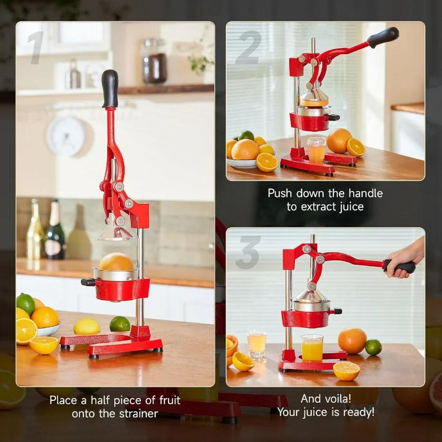 Red Manual Citrus Juicer Pro Hand Press for Oranges Lemons and Limes Easy to Clean