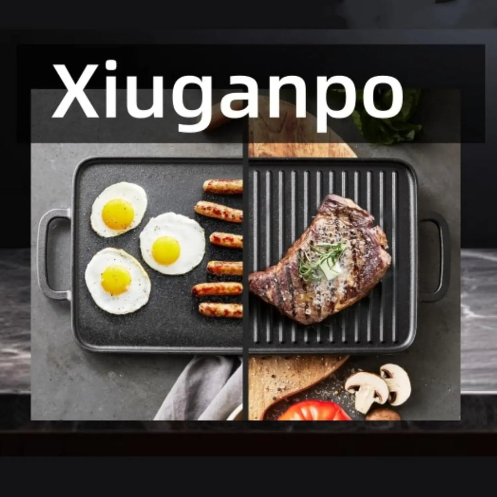 Double-Sided Cast Iron Griddle Pan With Ridged Grill Surface And Flat Baking Plate For Stovetop Cooking