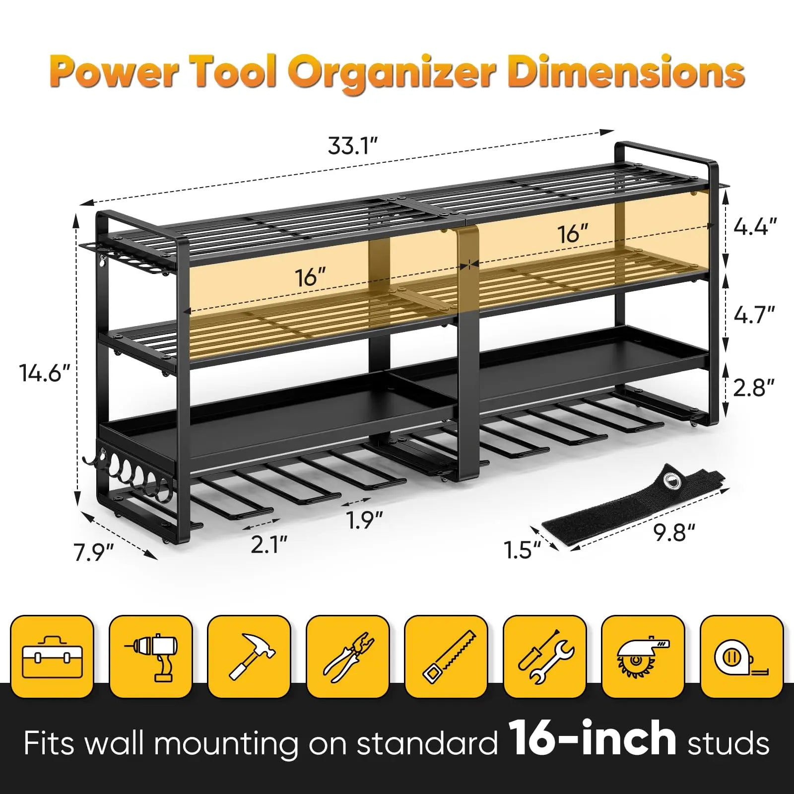 PowerForge Four Tier Tool Organizer Wall Mount for Heavy Duty Drill Storage in Garage