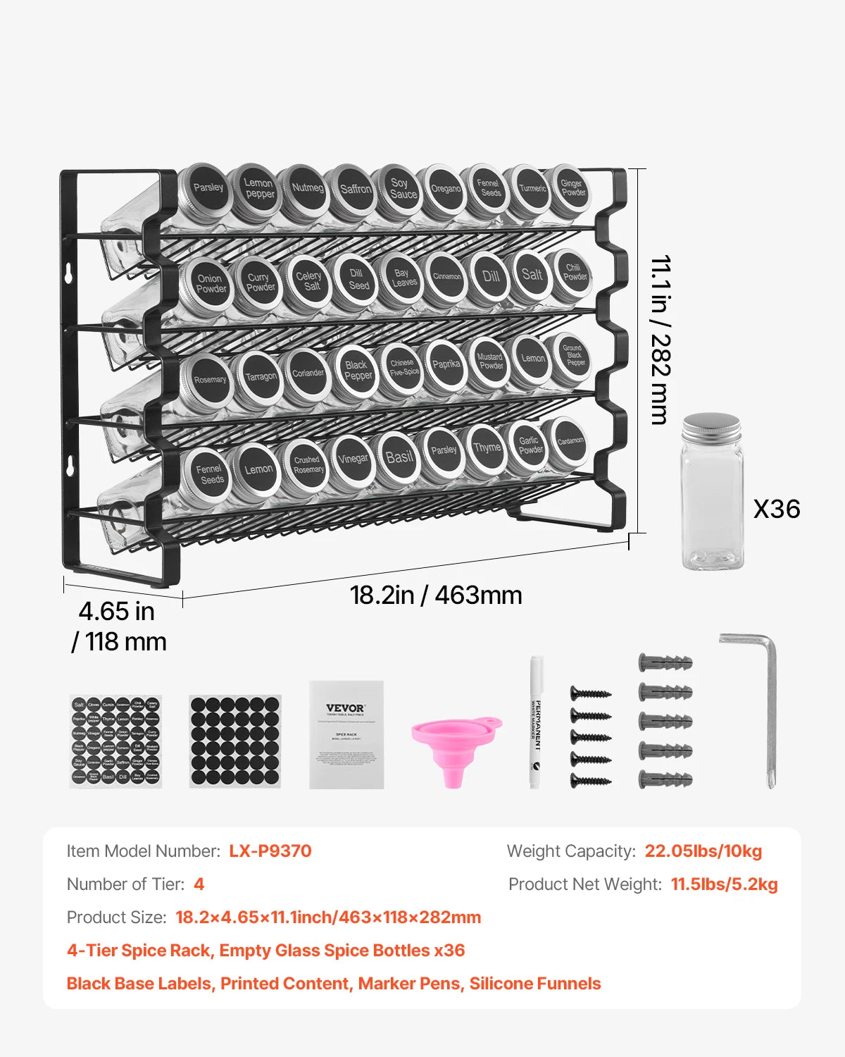 NordicEdge Cabinet Spice Rack Organizer With 36 Or 72 Empty Jars Lids Labels And Funnel