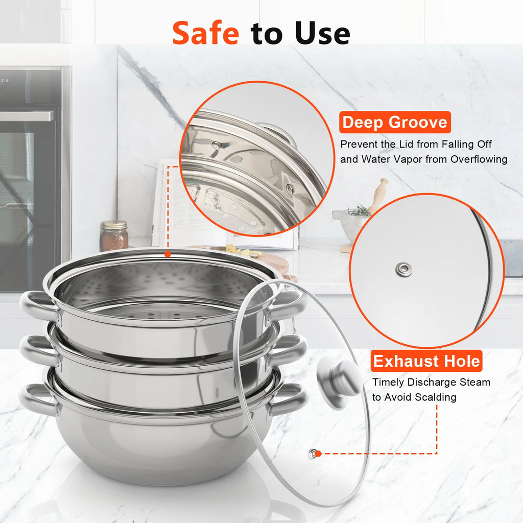 28cm 3 Tier Stainless Steel Steam Cooker And Steamer Pot For Vegetables And Seafood