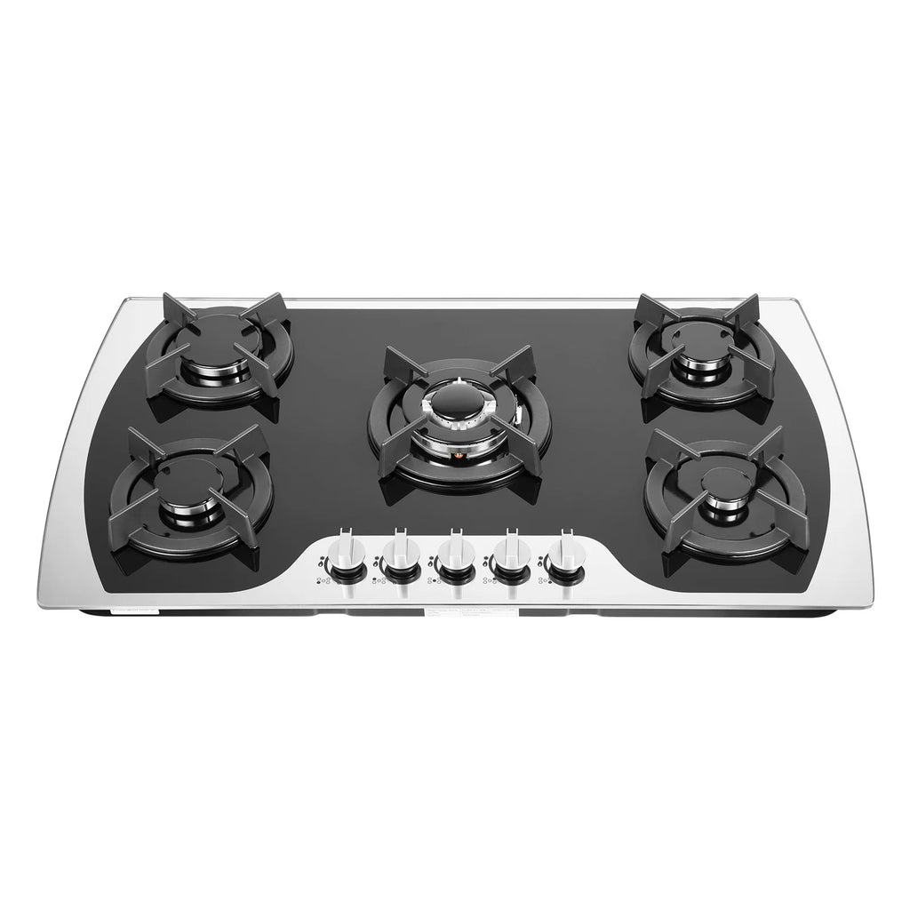 Five Burner Gas Cooktop With Wok Burner, Tempered Glass Surface, Electronic Ignition, Built In Or Countertop, Lpg Or Ng