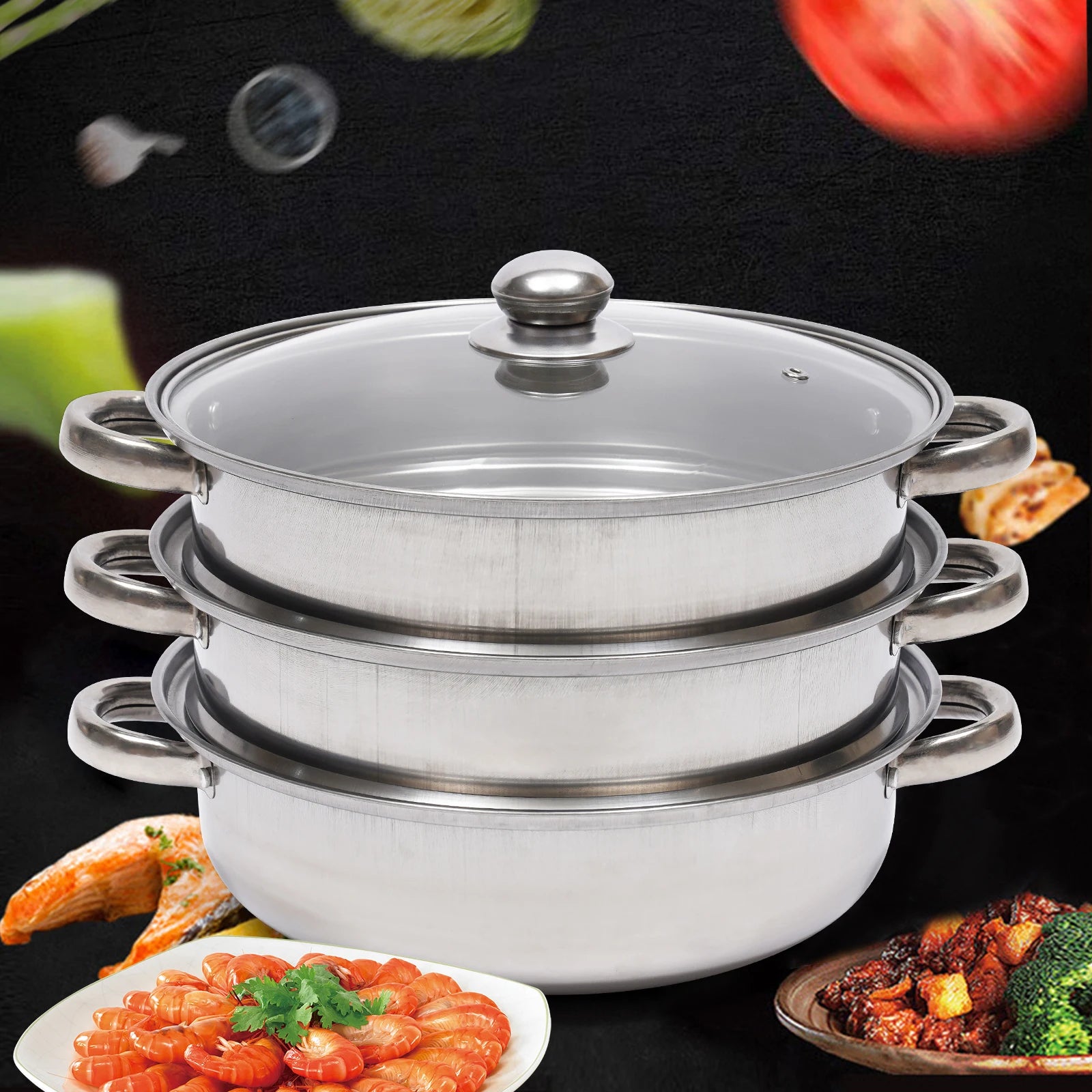 28cm 3 Tier Stainless Steel Steam Cooker And Steamer Pot For Vegetables And Seafood