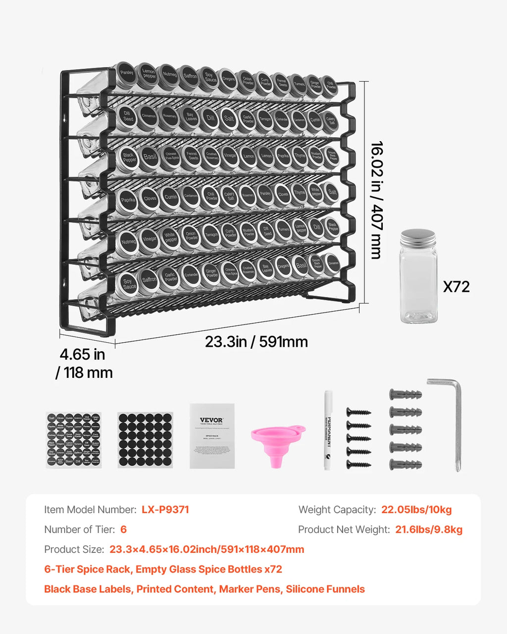 NordicEdge Cabinet Spice Rack Organizer With 36 Or 72 Empty Jars Lids Labels And Funnel