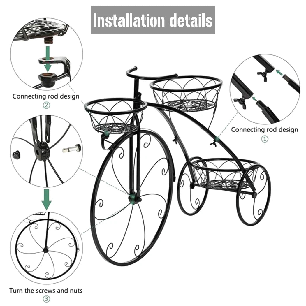 Three-Tier Bicycle Plant Stand in Wrought Iron Tricycle Planter for Indoor Outdoor Garden Decor