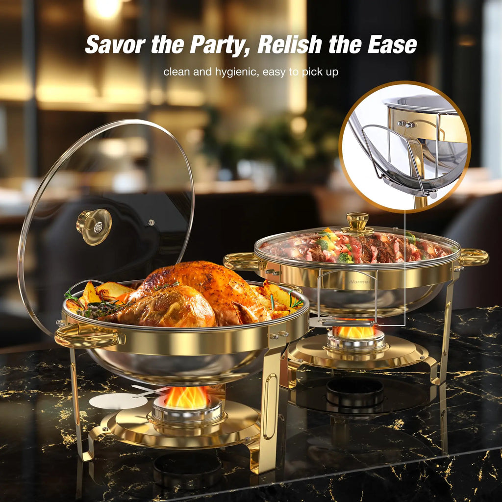Gold Plated 5 Qt Round Stainless Steel Chafing Dish Set for Buffets and Parties, 2 or 4 Pack