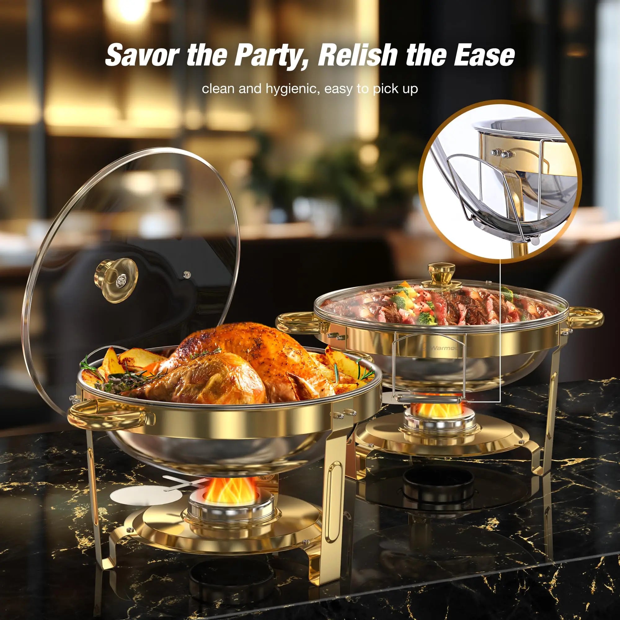 Gold Plated 5 Qt Round Stainless Steel Chafing Dish Set for Buffets and Parties, 2 or 4 Pack
