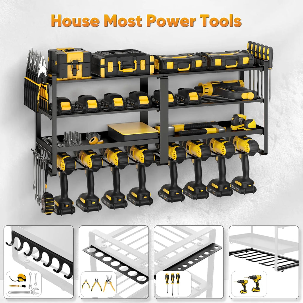 PowerForge Four Tier Tool Organizer Wall Mount for Heavy Duty Drill Storage in Garage