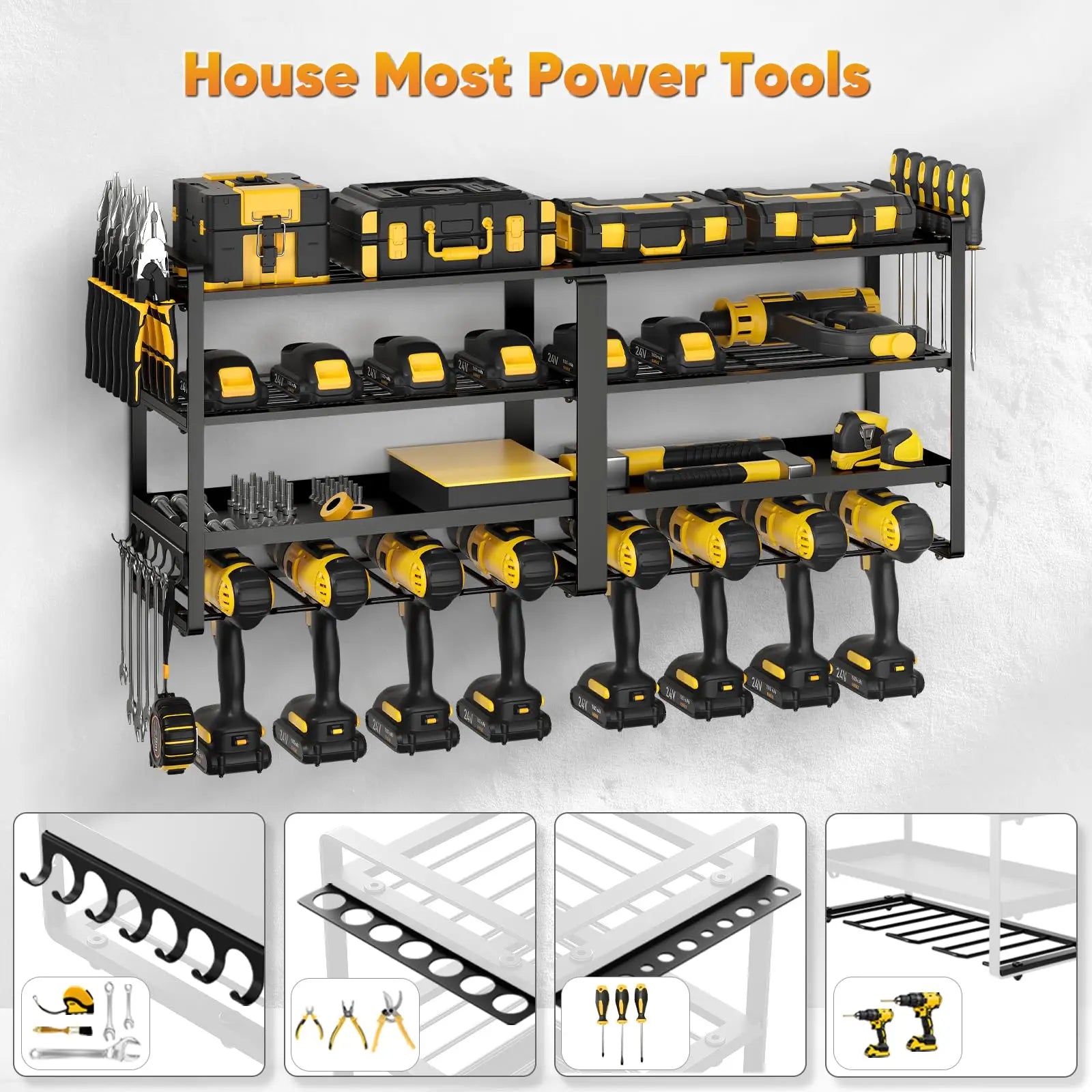 PowerForge Four Tier Tool Organizer Wall Mount for Heavy Duty Drill Storage in Garage