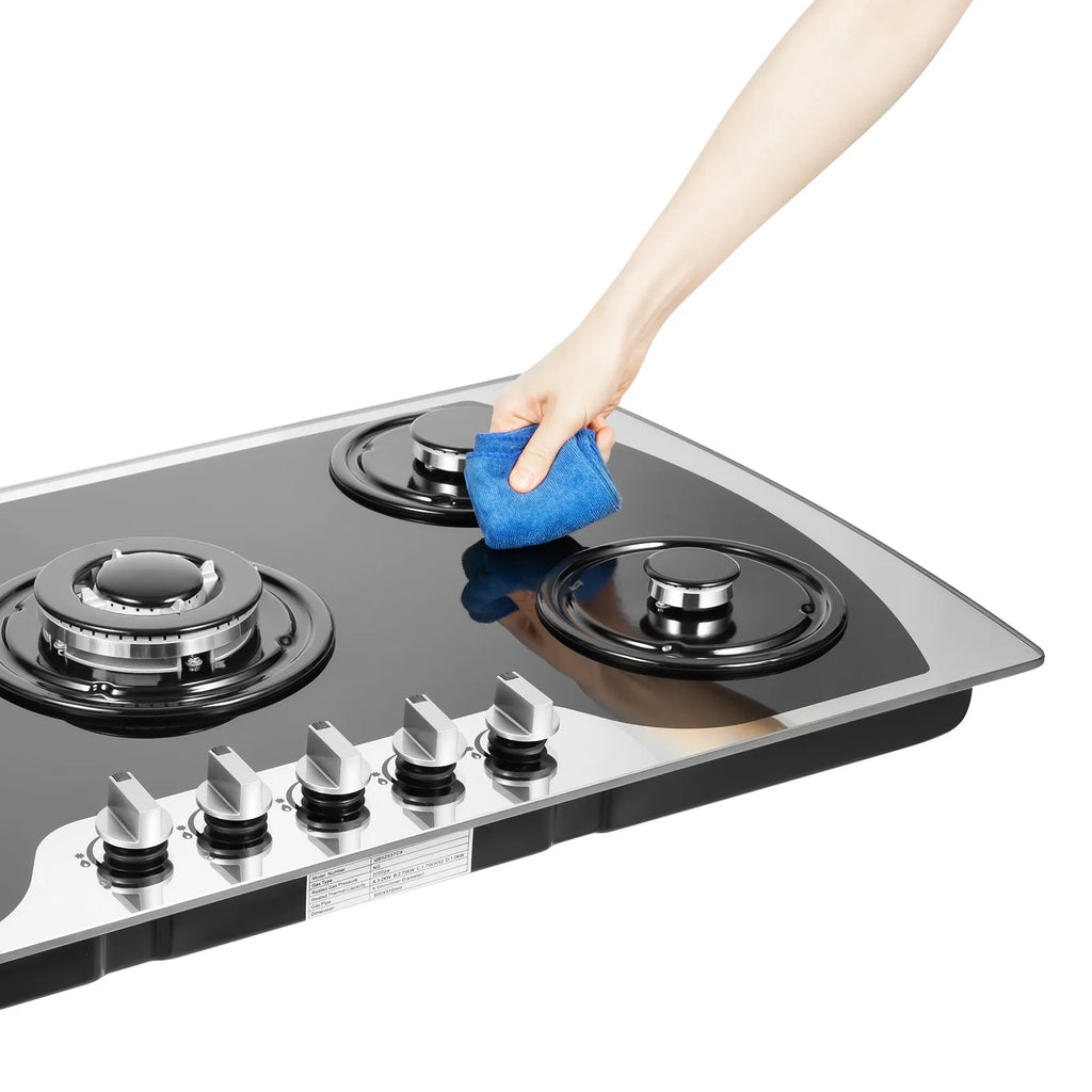 Five Burner Gas Cooktop With Wok Burner, Tempered Glass Surface, Electronic Ignition, Built In Or Countertop, Lpg Or Ng