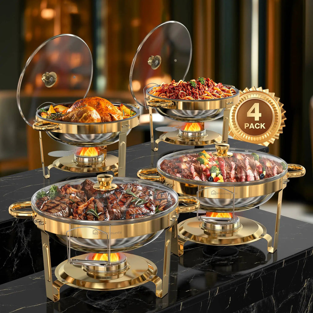 Gold Plated 5 Qt Round Stainless Steel Chafing Dish Set for Buffets and Parties, 2 or 4 Pack