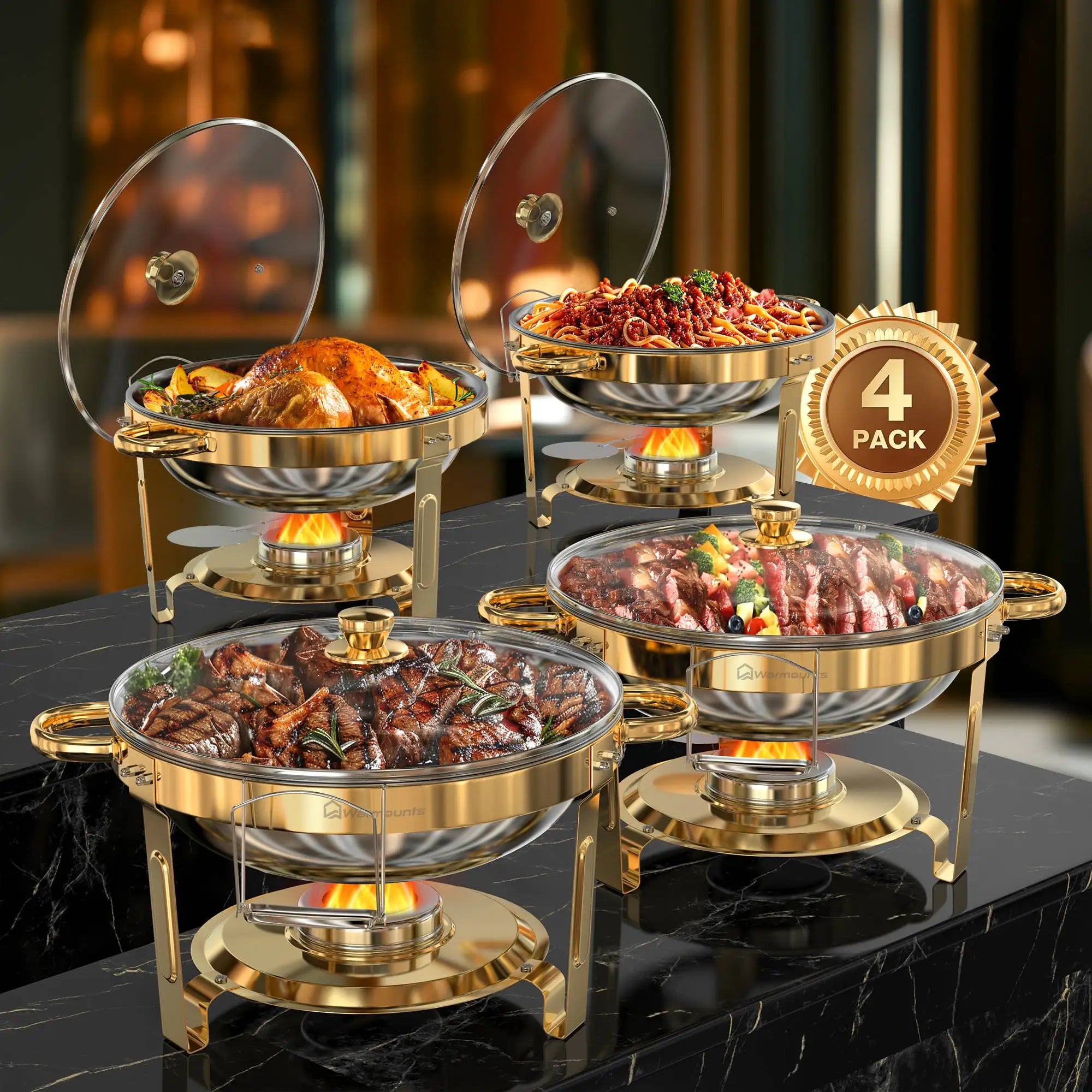 Gold Plated 5 Qt Round Stainless Steel Chafing Dish Set for Buffets and Parties, 2 or 4 Pack