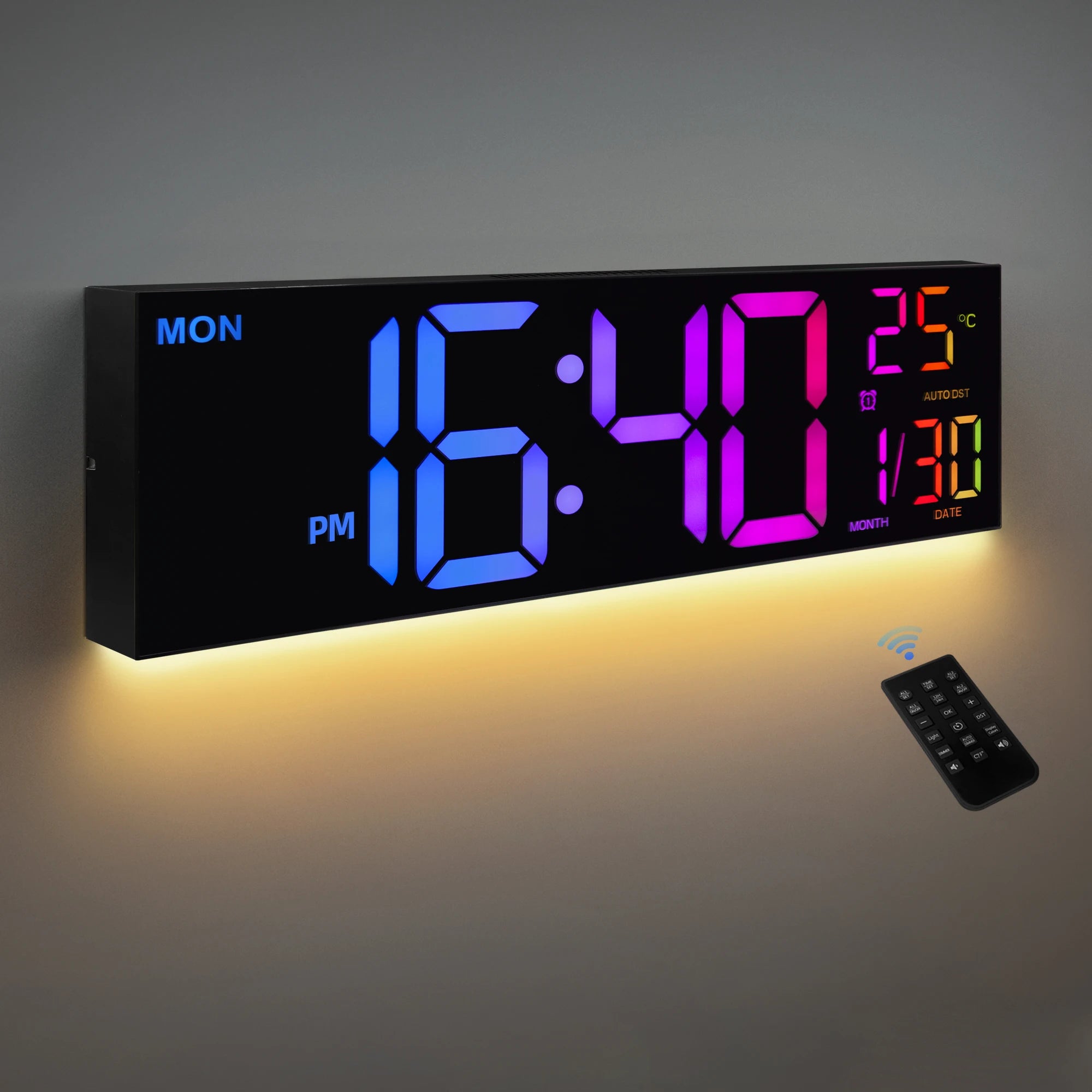 LumaTime 16 Inch Digital Wall Clock With Large Led Display Remote Control 8 Rgb Color Options Alarm Temperature