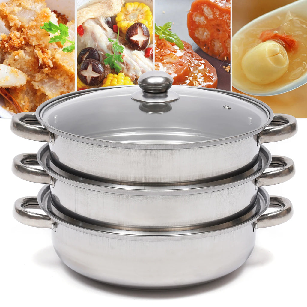 28cm 3 Tier Stainless Steel Steam Cooker And Steamer Pot For Vegetables And Seafood