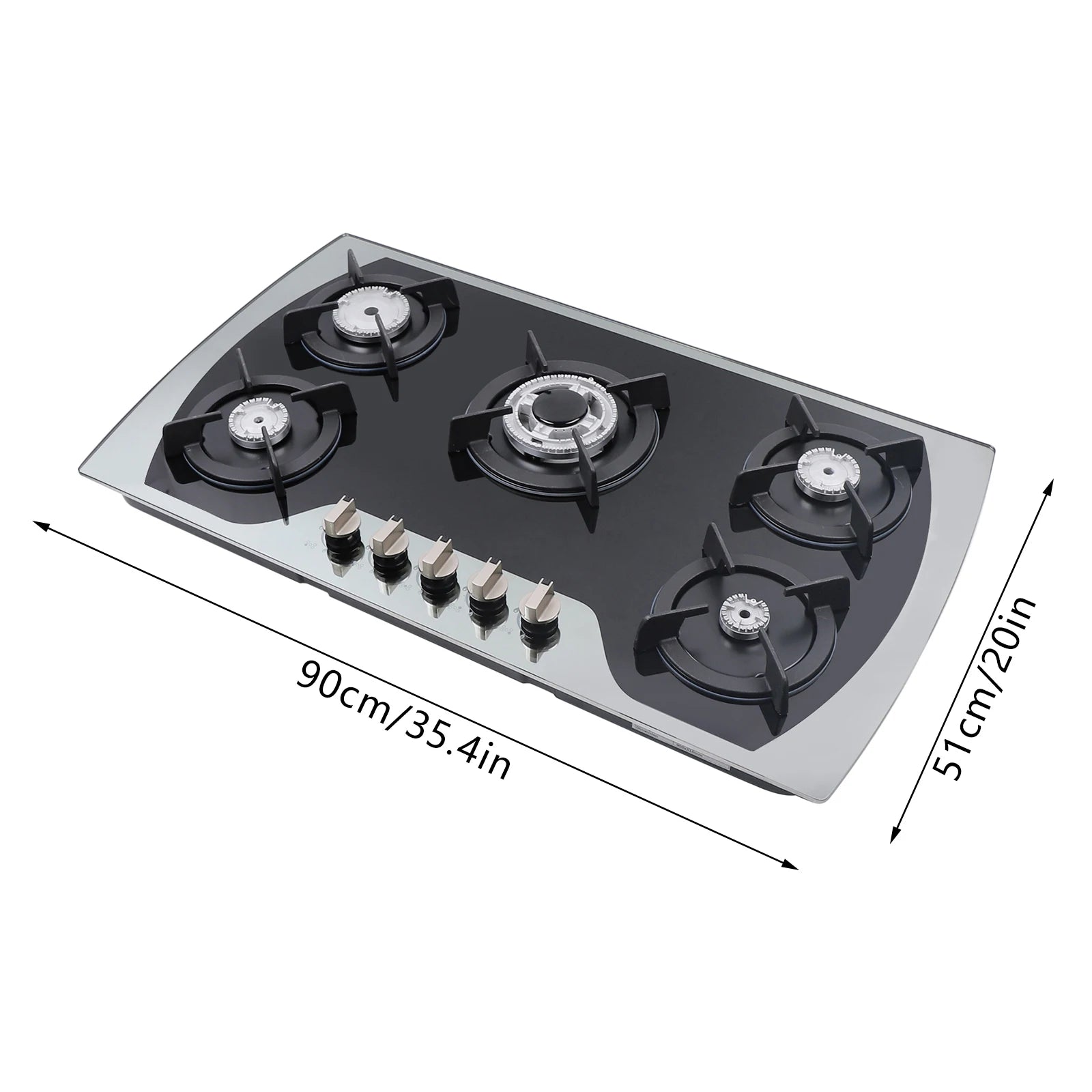 Five Burner Gas Cooktop With Wok Burner, Tempered Glass Surface, Electronic Ignition, Built In Or Countertop, Lpg Or Ng