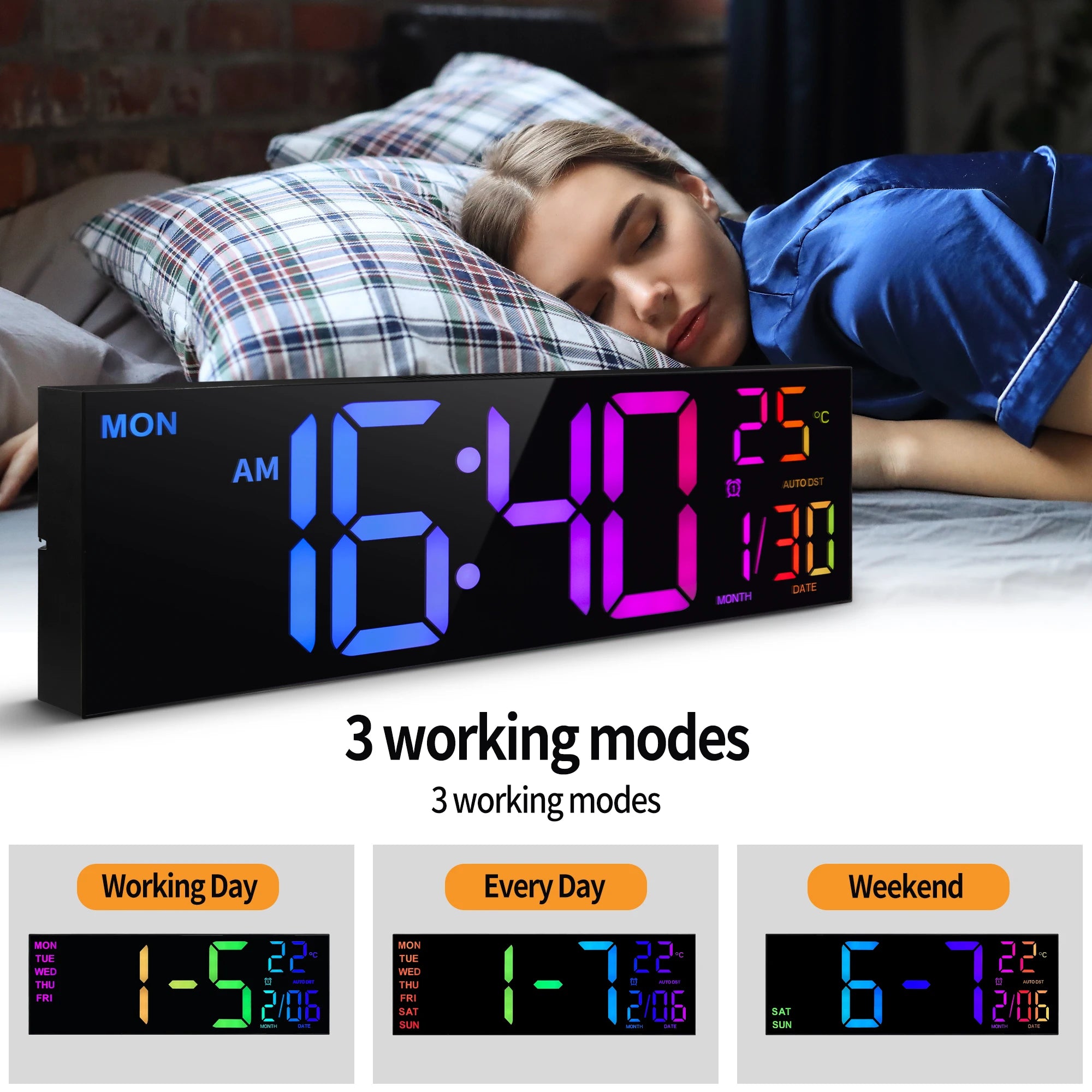 LumaTime 16 Inch Digital Wall Clock With Large Led Display Remote Control 8 Rgb Color Options Alarm Temperature