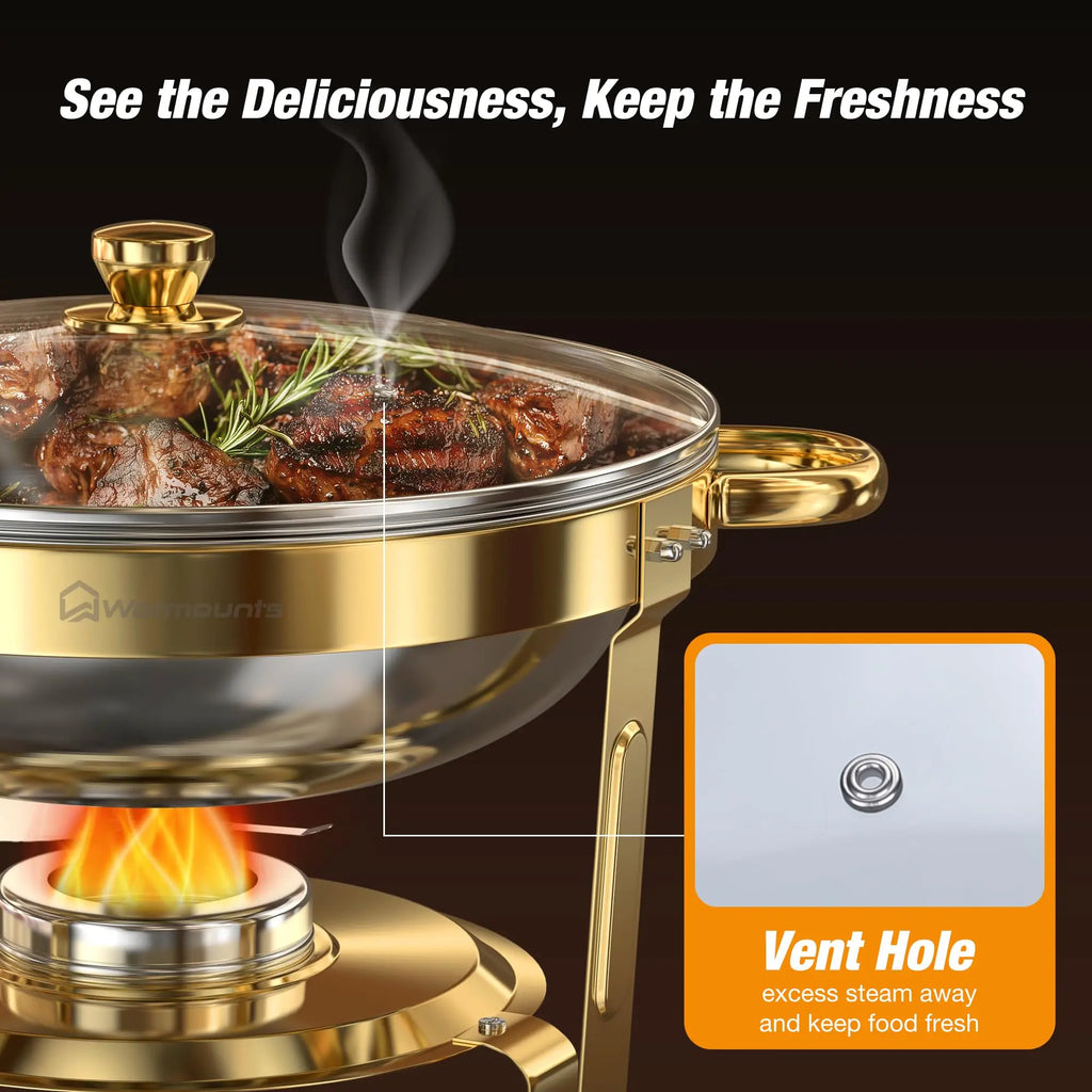 Gold Plated 5 Qt Round Stainless Steel Chafing Dish Set for Buffets and Parties, 2 or 4 Pack