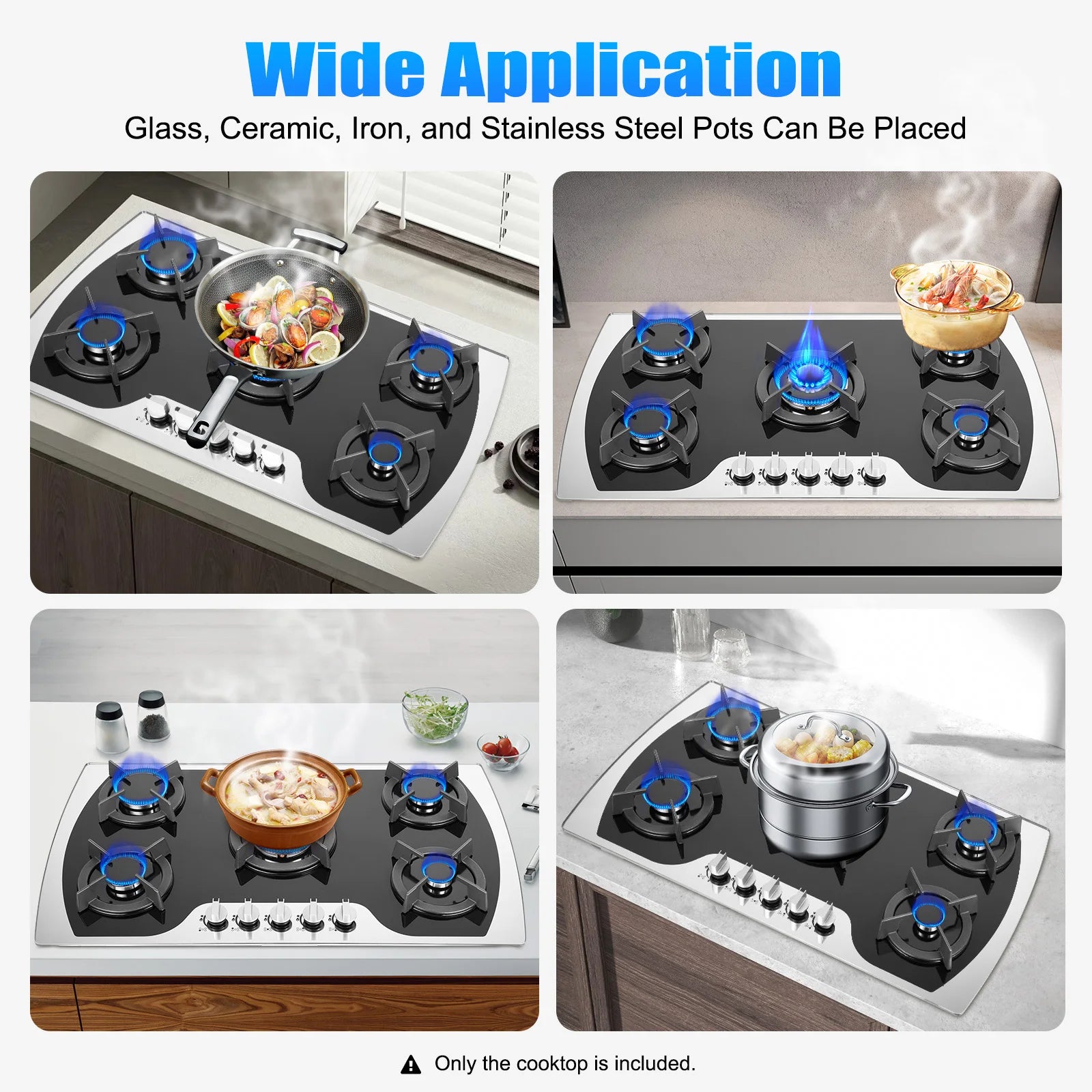 Five Burner Gas Cooktop With Wok Burner, Tempered Glass Surface, Electronic Ignition, Built In Or Countertop, Lpg Or Ng