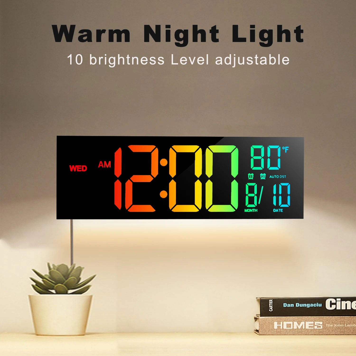 LumaTime 16 Inch Digital Wall Clock With Large Led Display Remote Control 8 Rgb Color Options Alarm Temperature