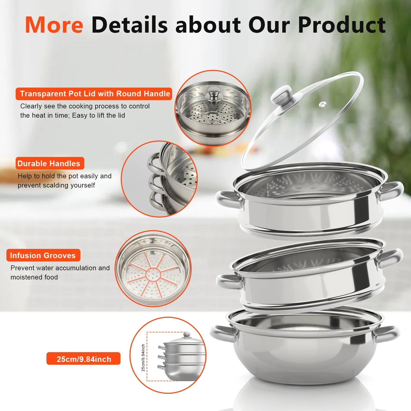 28cm 3 Tier Stainless Steel Steam Cooker And Steamer Pot For Vegetables And Seafood