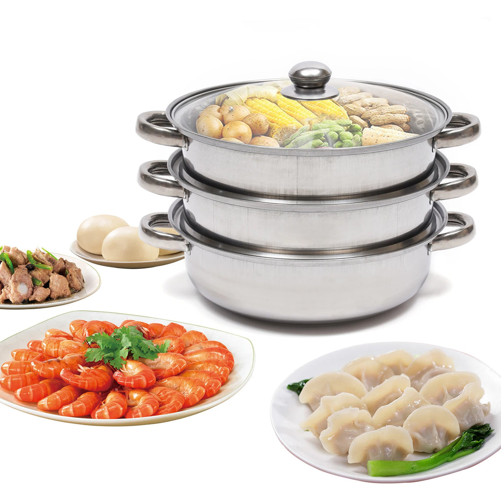 28cm 3 Tier Stainless Steel Steam Cooker And Steamer Pot For Vegetables And Seafood
