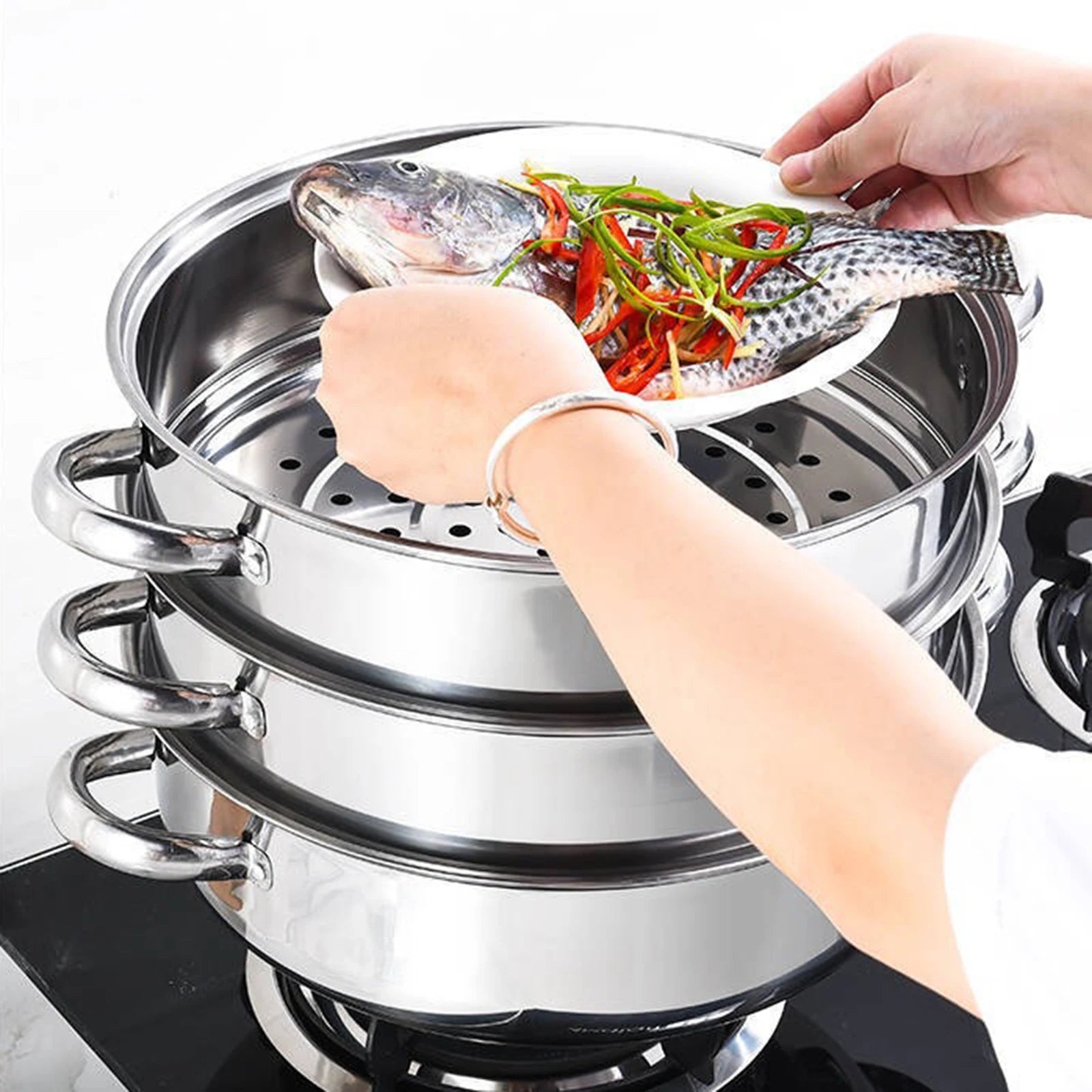 28cm 3 Tier Stainless Steel Steam Cooker And Steamer Pot For Vegetables And Seafood